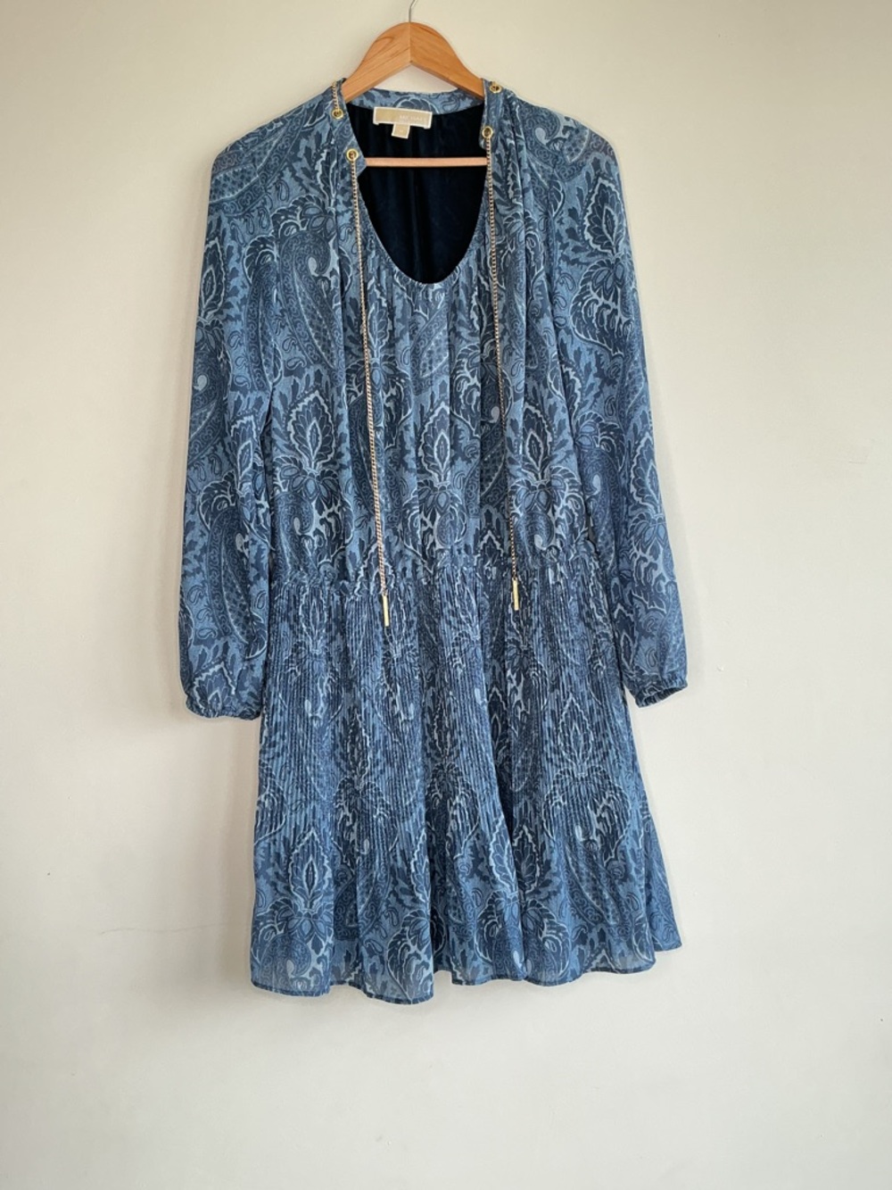 Cerulean Blue Paisley Dress Chain Neck Long Sleeve Pleated Skirt M Elegant - Picture 4 of 6